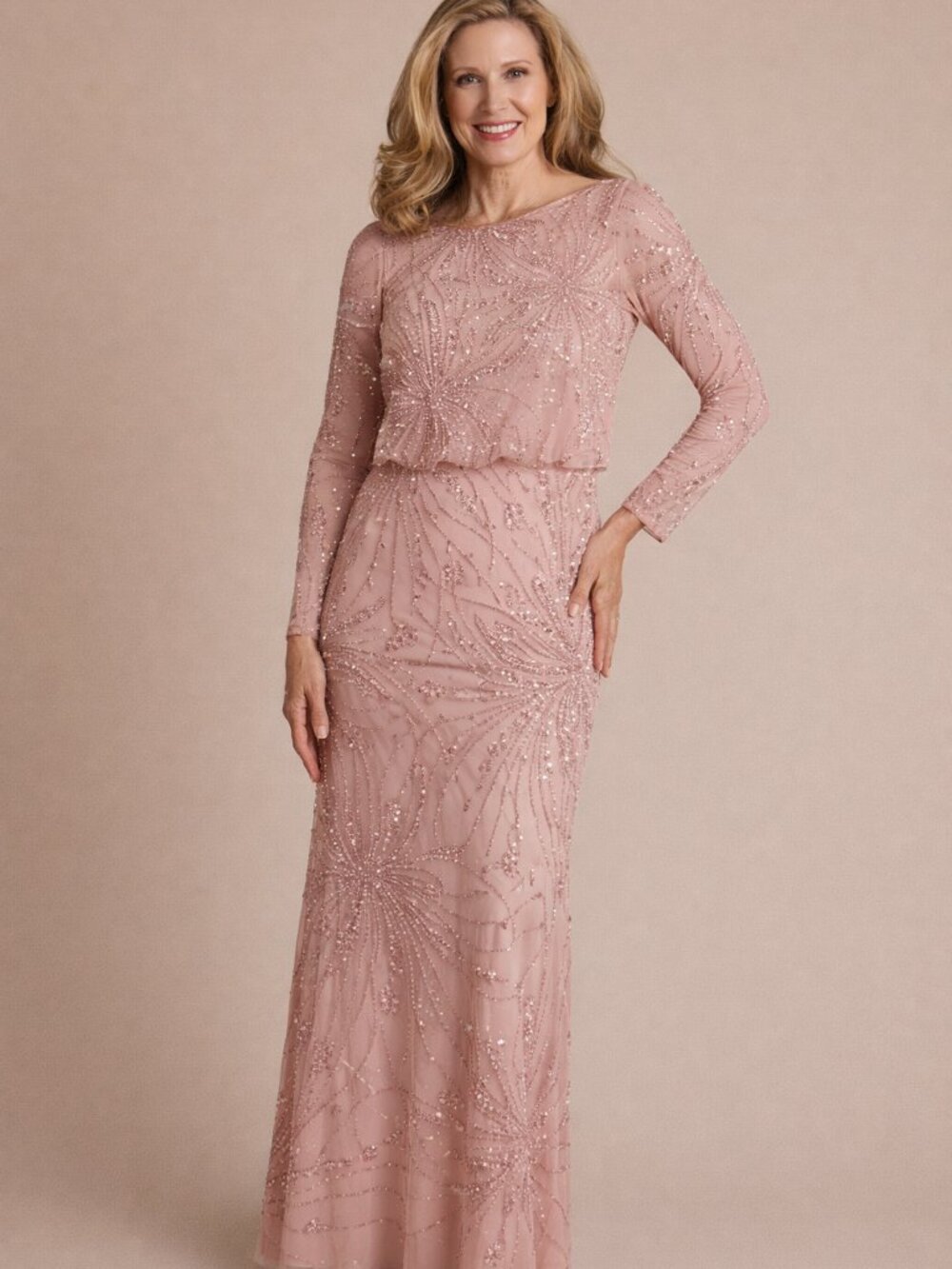 $650 | Oleg Cassini Blush Beaded Sequin Gown Formal Maxi Dress Size 16